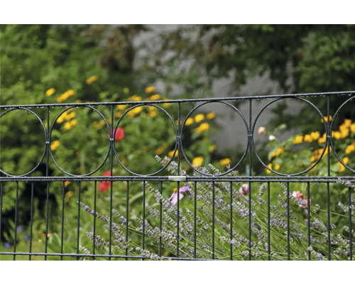 Clôture décorative en métal avec des fleurs dans le jardin