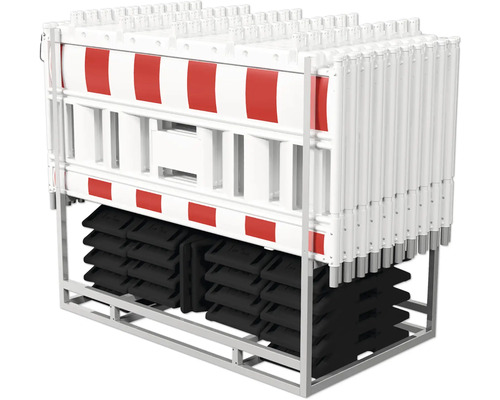 Plusieurs barrières de chantier rouge et blanc sur une pile avec les pieds correspondants