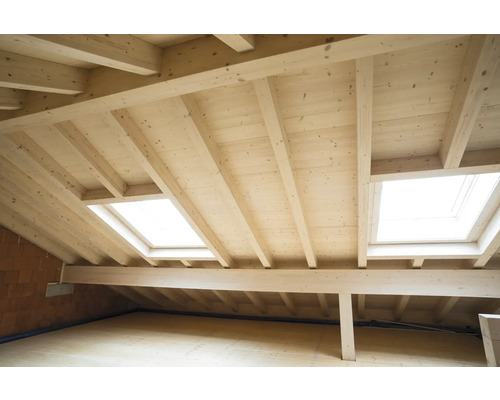 Dachboden mit Holzdecke und Dachfenstern