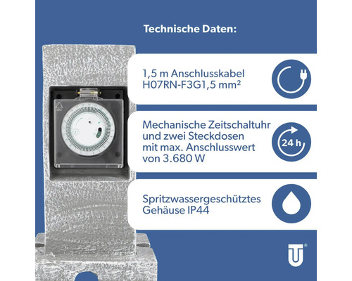 Technische Daten: 1,5 Meter Anschlusskabel, mechanische Zeitschaltuhr, zwei Steckdosen, maximaler Anschlusswert von 3.680 Watt, spritzwassergeschütztes Gehäuse IP44.
