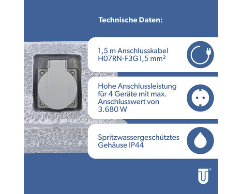 Technische Daten: Anschlusskabel, Anschlussleistung und spritzwassergeschütztes Gehäuse.