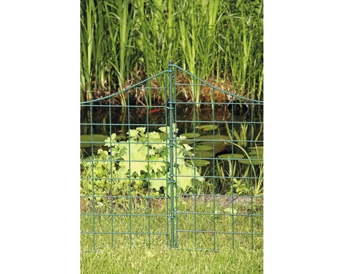 Grüner Gartenzaun aus Drahtgeflecht vor einem Teich