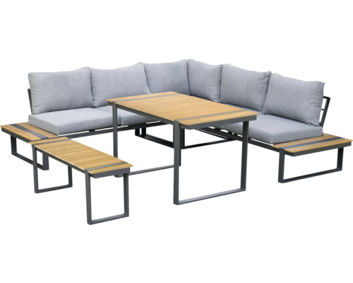 Gartenmöbelset mit Tisch, Eckbank und Sitzbank mit grauen Polstern