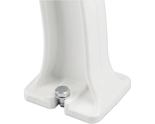 Vue détaillée d''un pied de lavabo blanc avec boulon de fixation.