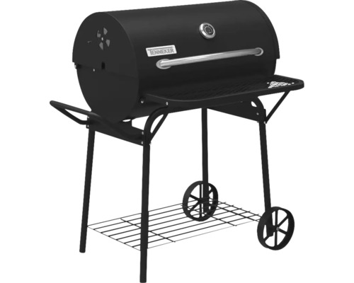 Schwarzer Holzkohlegrill mit Ablageflächen und Rädern