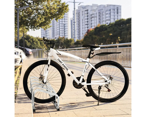 Weißes Mountainbike der Marke Limit Racing in einem Fahrradständer
