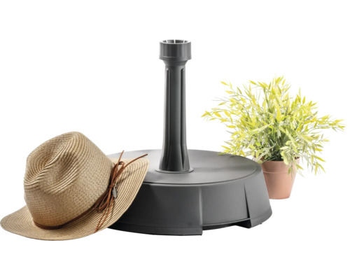 Support de parasol gris avec chapeau et plante en pot
