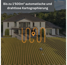 Automatische und drahtlose Kartographierung eines Rasenmähroboters vor einem Haus.