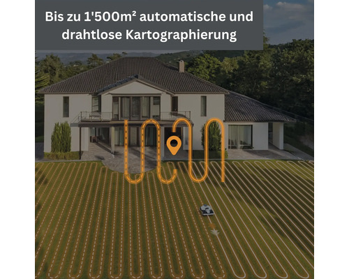 Automatische und drahtlose Kartographierung eines Rasenmähroboters vor einem Haus.