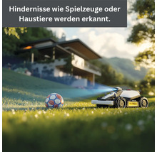 Rasenmähroboter auf einer Rasenfläche mit einem Fußball im Vordergrund und einem Haus im Hintergrund