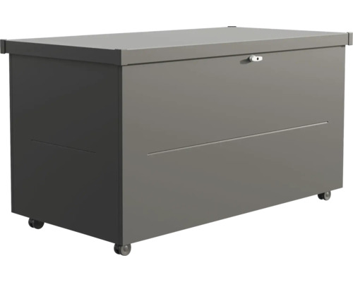 Coffre de rangement gris avec roulettes et couvercle verrouillable