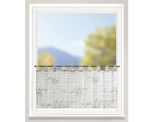 Fenêtre décorative avec rideau et motif d''écriture