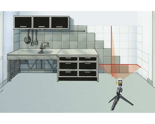 Kreuzlinienlaser auf Stativ projiziert Linien an eine Küchenwand.