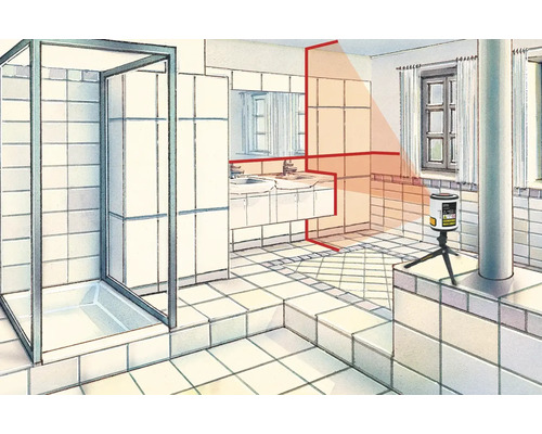 Badezimmerillustration mit Duschkabine, Waschtisch und Kreuzlinienlaser zur Ausrichtung