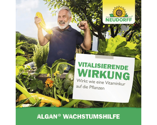 Un homme se réjouit de courgettes jaunes dans le jardin avec le logo Neudorff et une référence à l''effet vitalisant de l''aide à la croissance Algan