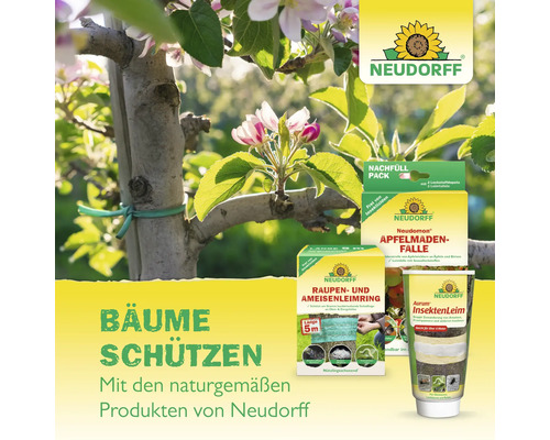 Produits Neudorff pour la protection des arbres présentés à côté d''une branche d''arbre en fleurs