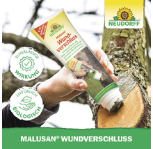 Malusan Wundverschluss in Anwendung auf einem Baumstamm, mit Neudorff Logo und Hinweisen zu zuverlässiger Wirkung und biologischer Natürlichkeit.