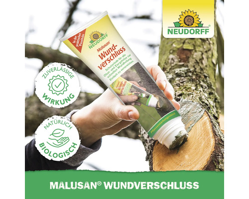 Malusan Wundverschluss in Anwendung auf einem Baumstamm, mit Neudorff Logo und Hinweisen zu zuverlässiger Wirkung und biologischer Natürlichkeit.
