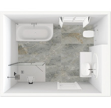 Vue aérienne d''une salle de bains avec baignoire, douche, WC et lavabo