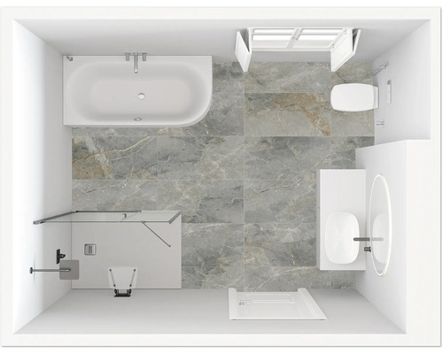 Vue aérienne d''une salle de bains avec baignoire, douche, WC et lavabo