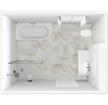 Vue de dessus d''une salle de bains lumineuse avec baignoire, douche, lavabo et toilettes