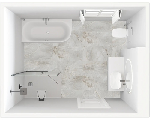 Vue de dessus d''une salle de bains lumineuse avec baignoire, douche, lavabo et toilettes