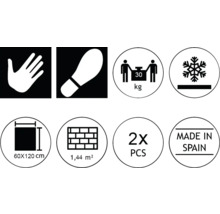 Images symboliques des propriétés du produit: sensible au toucher, antidérapant, résistance jusqu''à 30 kg, résistant au gel, taille des carreaux 60x120 cm, surface 1,44 m², deux pièces par paquet, fabriqué en Espagne