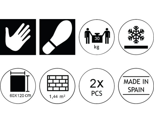 Images symboliques des propriétés du produit: sensible au toucher, antidérapant, résistance jusqu''à 30 kg, résistant au gel, taille des carreaux 60x120 cm, surface 1,44 m², deux pièces par paquet, fabriqué en Espagne