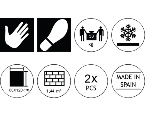Pictogrammes avec caractéristiques du produit : main, résistance au glissement, poids jusqu’à 30 kg, résistance au gel, dimensions des carreaux 60 x 120 cm, surface 1,44 m², deux pièces, fabriqué en Espagne