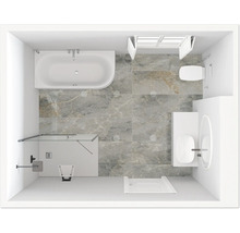 Vue de dessus d''une salle de bains avec baignoire, douche, lavabo et toilettes