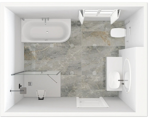 Vue de dessus d''une salle de bains avec baignoire, douche, lavabo et toilettes