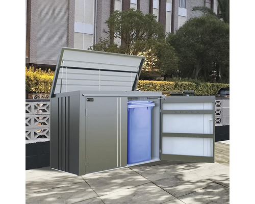 Box à poubelles avec couvercle et porte ouverts, pour ranger les poubelles à l''extérieur