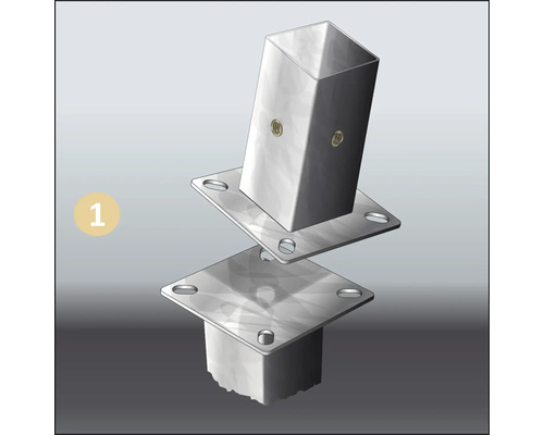 Illustration d''un montage de deux supports de poteaux argentés avec des poteaux en acier carrés