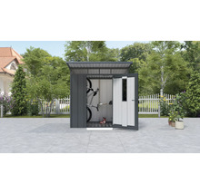 Abri de jardin métallique avec porte ouverte et vélos