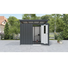 Gartenhaus mit geöffneter Tür, Regal und Gartengeräten