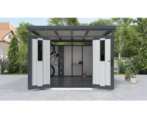 Abri de jardin métallique avec portes ouvertes, vélo et système de rangement