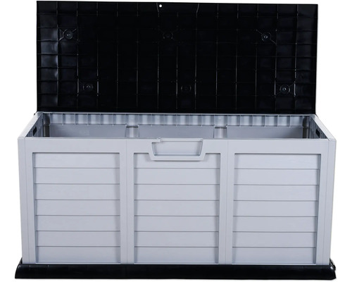 Geöffnete Gartenbox zur Aufbewahrung von Gartengeräten und -zubehör