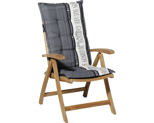 Chaise de jardin avec coussin à carreaux gris et inscription