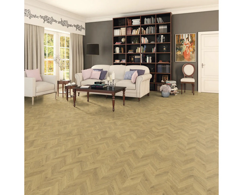 Salon avec canapé, bibliothèque et parquet en chevrons