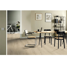 Séjour lumineux avec parquet, table à manger et chaises.