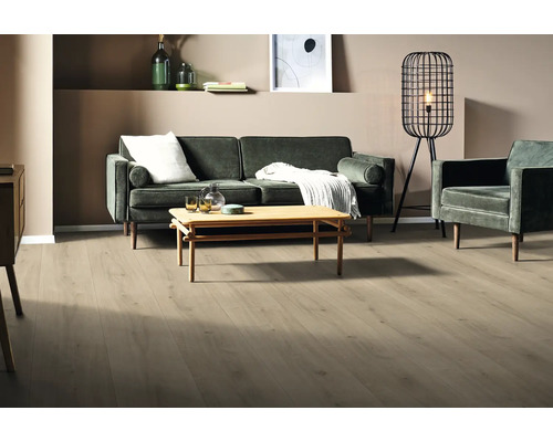 Séjour avec canapé, fauteuil, table et revêtement de sol