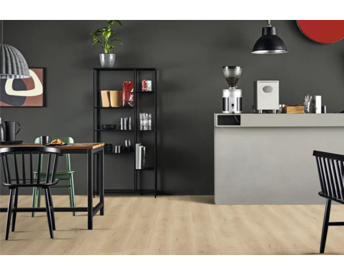 Aménagement intérieur avec table, chaises, étagère et kitchenette