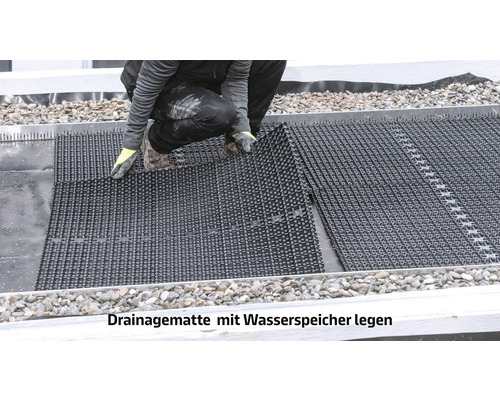 Verlegen einer Drainagematte mit Wasserspeicher auf einem Dach.