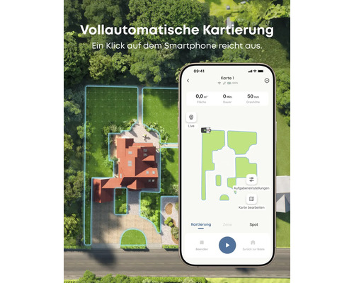 Smartphone-Display mit der Kartierungsfunktion eines Rasenmähroboters, die eine vollautomatische Kartierung des Gartens ermöglicht.
