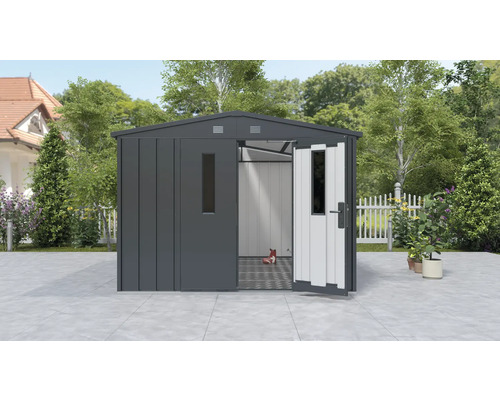 Abri de jardin avec portes ouvertes sur une terrasse dans le jardin