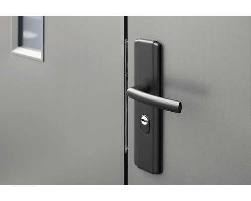 Gros plan d''une porte grise avec une poignée de porte noire