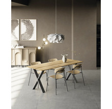 Salle à manger avec table en bois, chaises et suspension