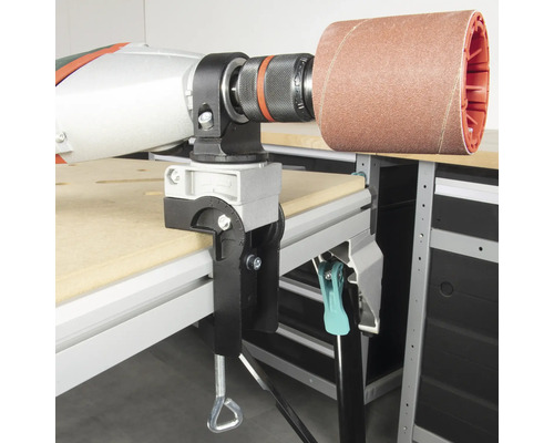 Aufnahme für Schleifhülsen mit Tischbefestigung für den stationären Einsatz von Bohrmaschinen.