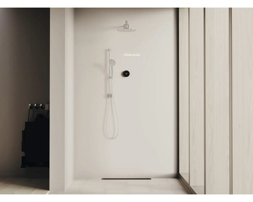 Cabine de douche avec pomme de tête, douchette et commande