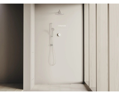 Douche avec pomme de tête et douchette à main dans une salle de bains claire.